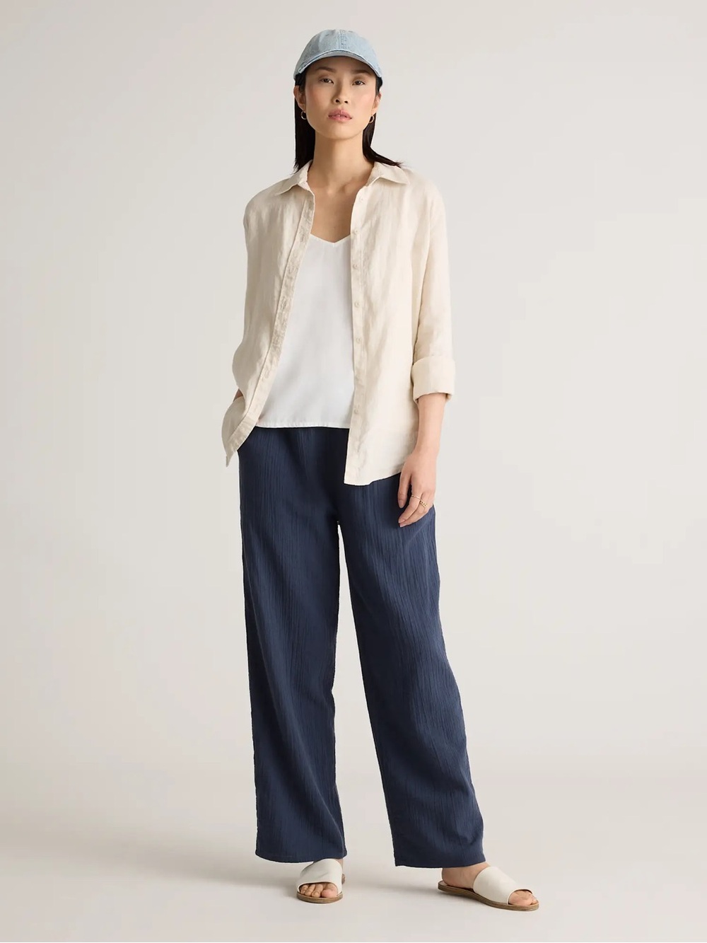 Quince 100% Organic Cotton Gauze Straight Leg Pants NWOT Medium Navy Blue